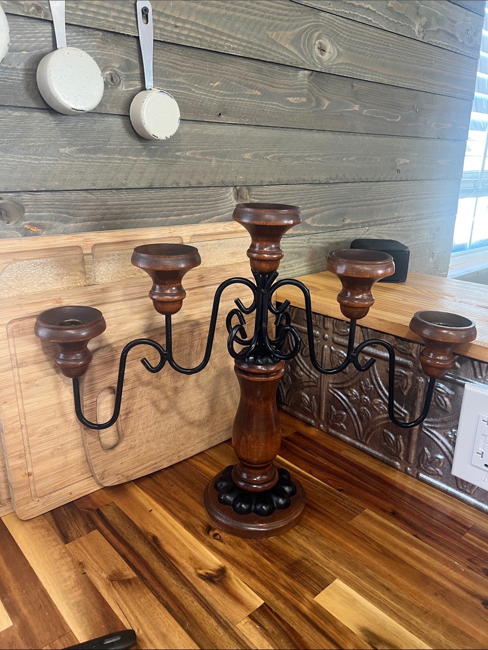 HOMCO VTG Cottagecore Wood & Wrought Iron Candelabra 5 Arm Taper Candle  Holder